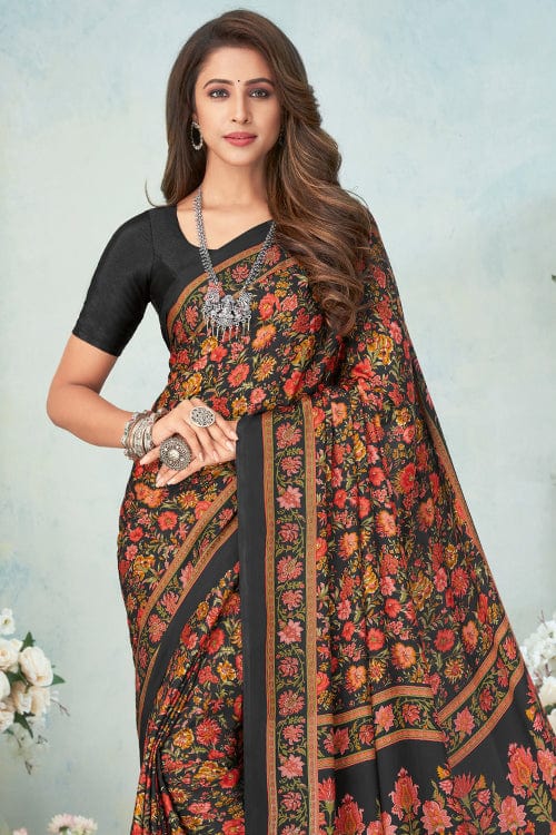 black satin crepe saree