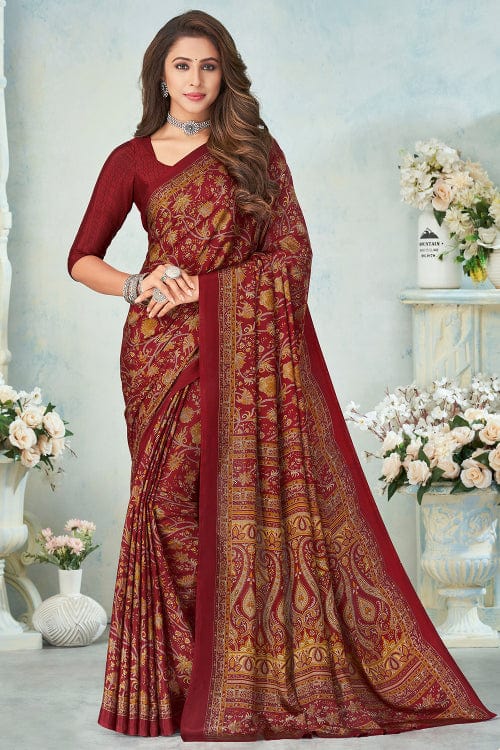 brown satin crepe saree