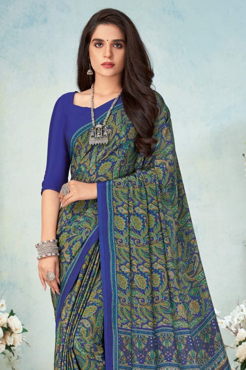 blue satin crepe saree