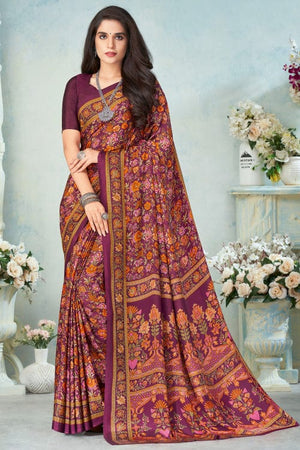 Violet Satin Crepe Saree