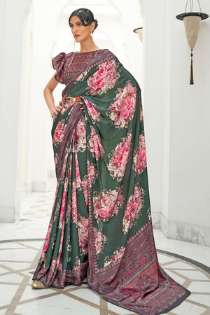 Dark Green Satin Saree