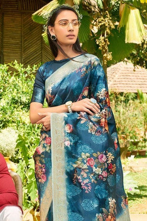 Bahama Blue Designer Satin Silk Saree