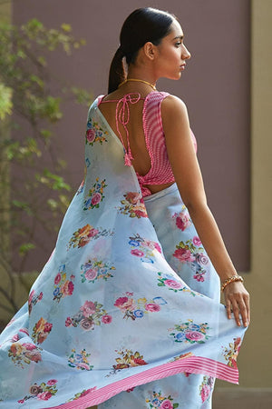 Beautiful Baby Blue Satin Silk Saree