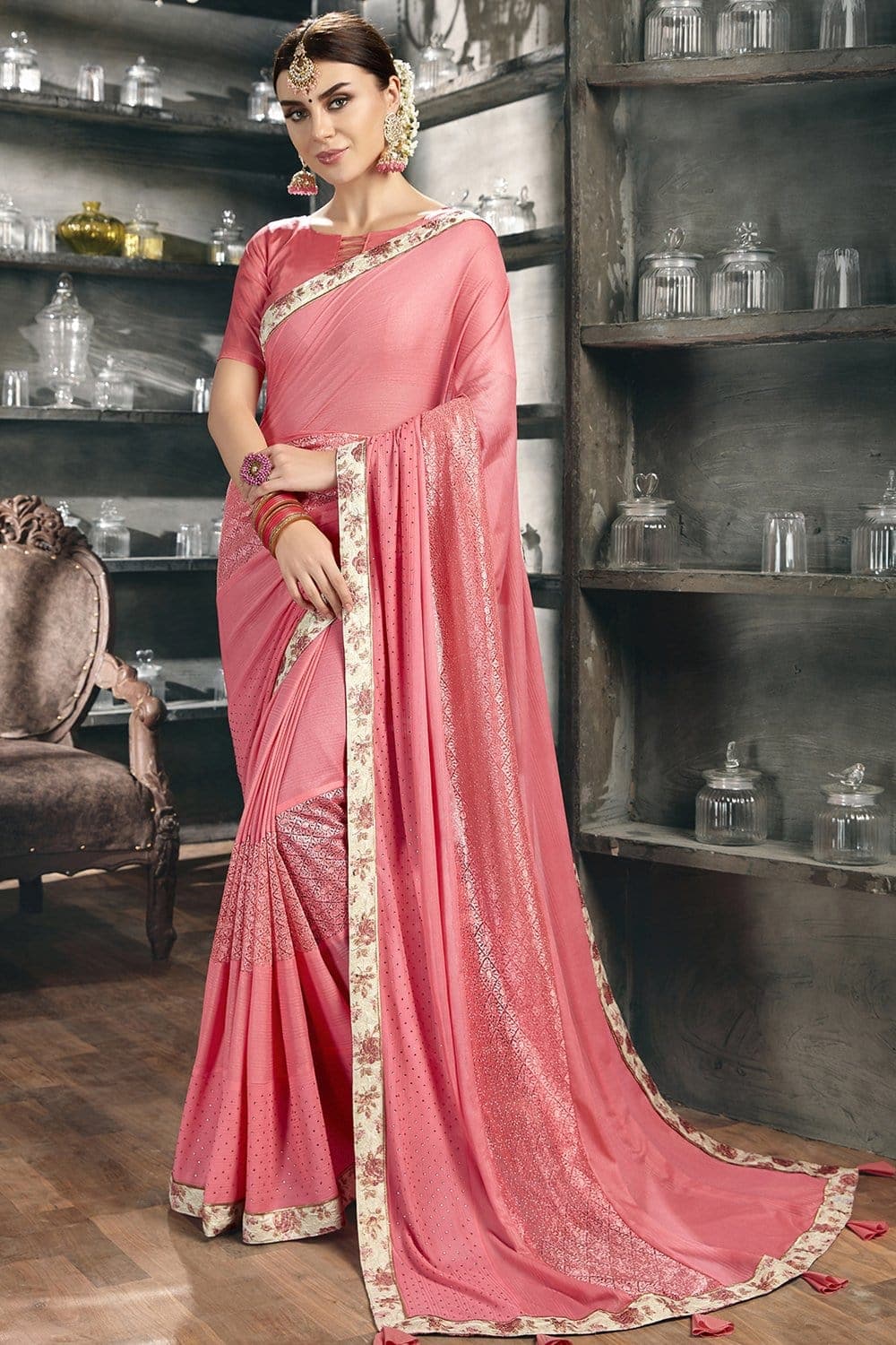 Beautiful Ballerine Pink Designer Satin Silk Saree