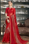Beautiful Crimson Red Designer Satin Silk Saree