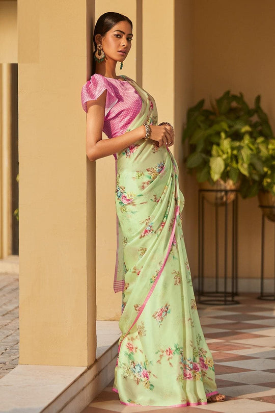 Beautiful Mint Green Satin Silk Saree