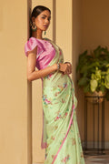 Beautiful Mint Green Satin Silk Saree