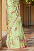 Beautiful Mint Green Satin Silk Saree