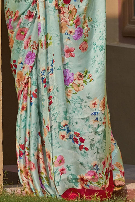 Beautiful Moss Green Satin Silk Saree