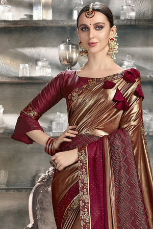 Beautiful Plum Red And Gold Designer Satin Silk Saree