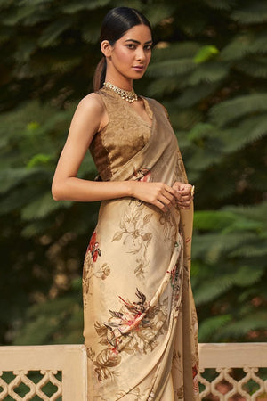Beautiful Tan Brown Satin Silk Saree