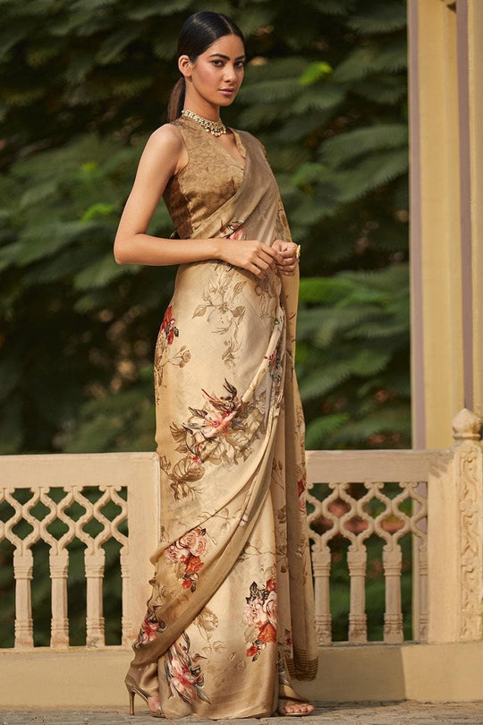 Satin Silk Saree Beautiful Tan Brown Satin Silk Saree saree online