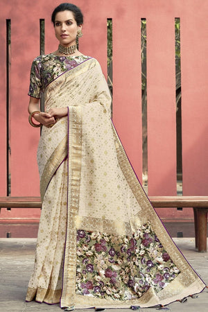 Beige Printed Pallu Satin Silk Saree