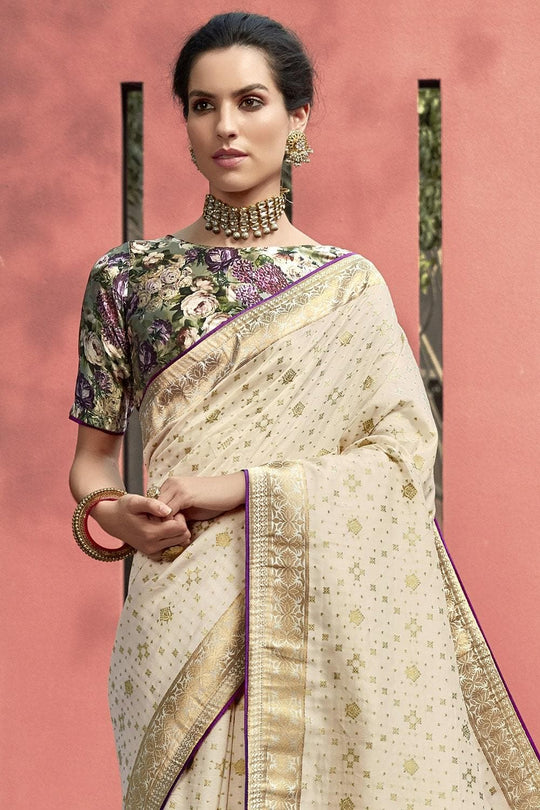 Beige Printed Pallu Satin Silk Saree