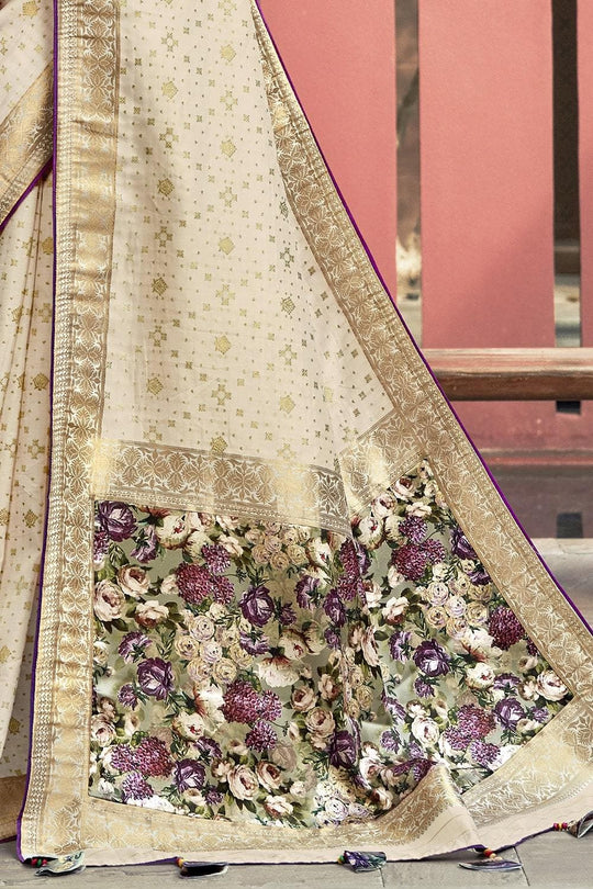 Beige Printed Pallu Satin Silk Saree