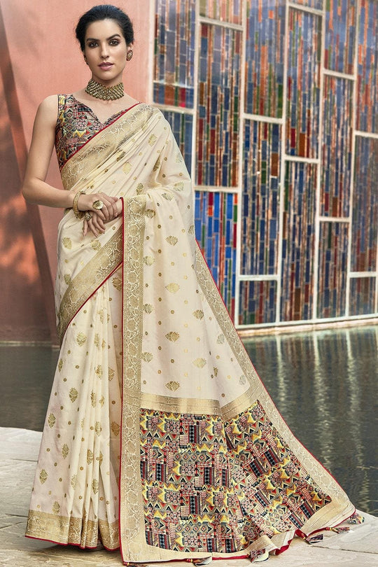 Beige Printed Pallu Satin Silk Saree