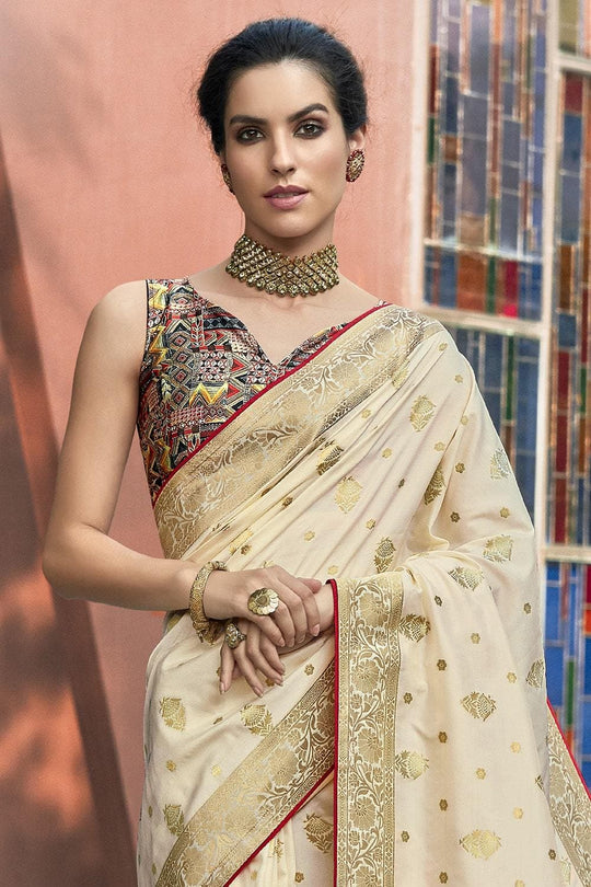Beige Printed Pallu Satin Silk Saree