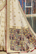 Beige Printed Pallu Satin Silk Saree