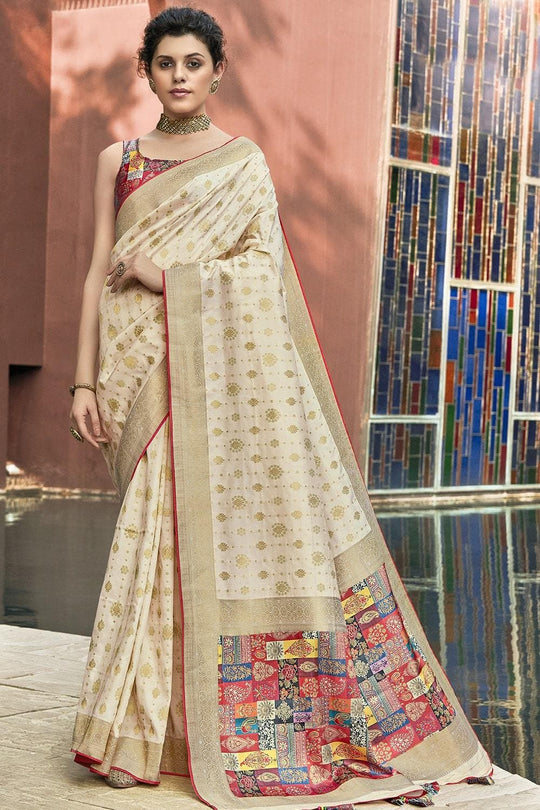 Beige Printed Pallu Satin Silk Saree