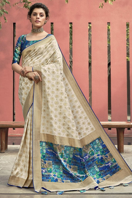 Beige Printed Pallu Satin Silk Saree