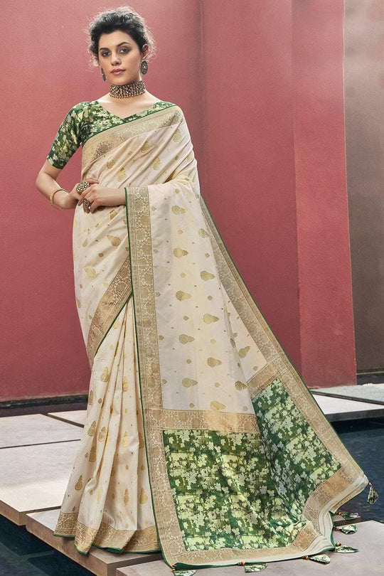Beige Printed Pallu Satin Silk Saree