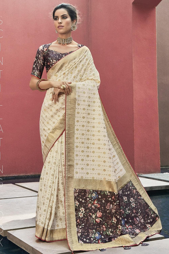 Beige Printed Pallu Satin Silk Saree