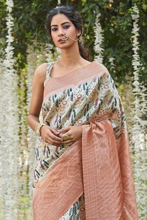 Bisque Cream Designer Satin Silk Saree