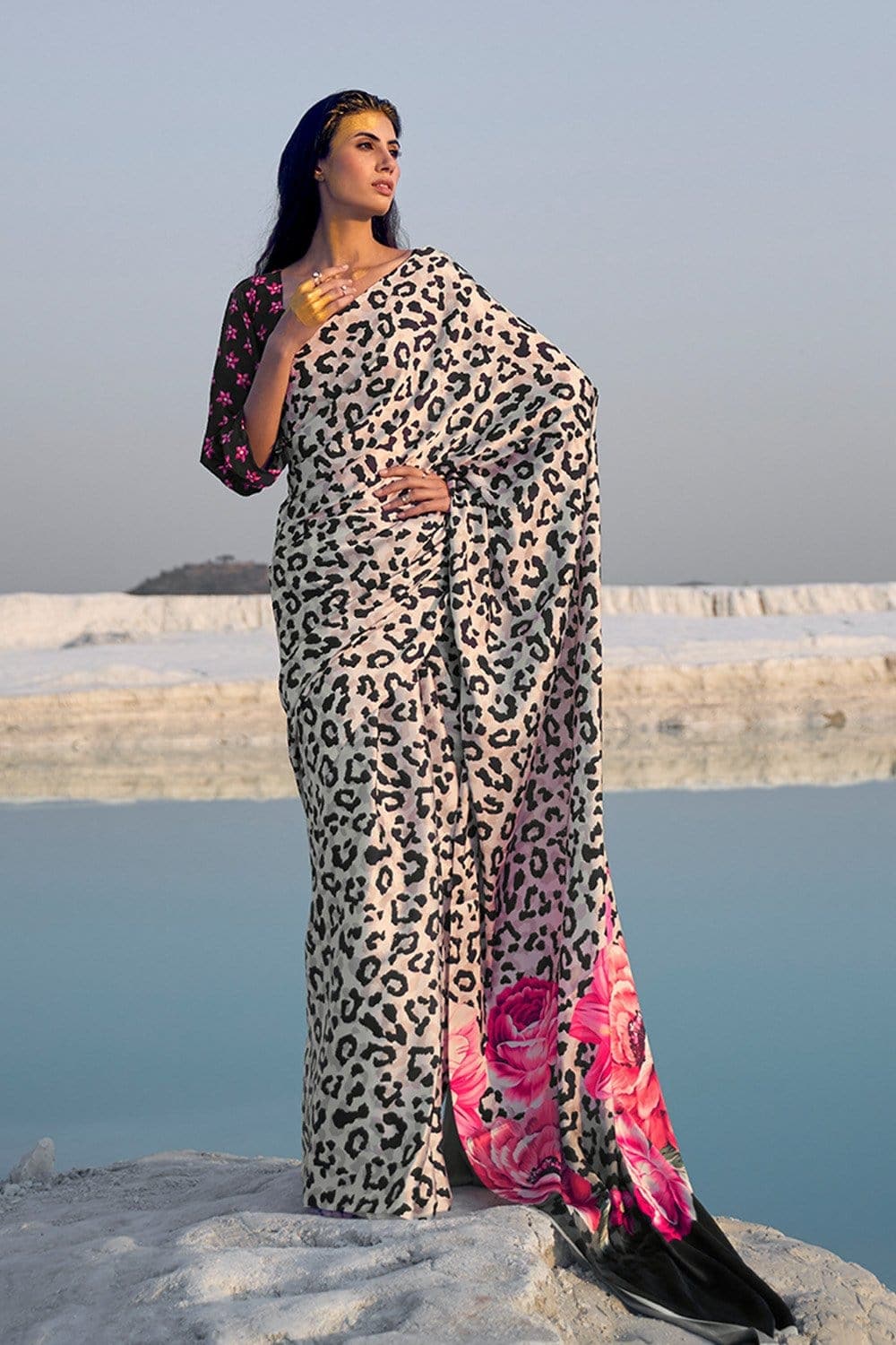 Satin Silk Saree Black And White Leopard Print Satin Silk Saree saree online