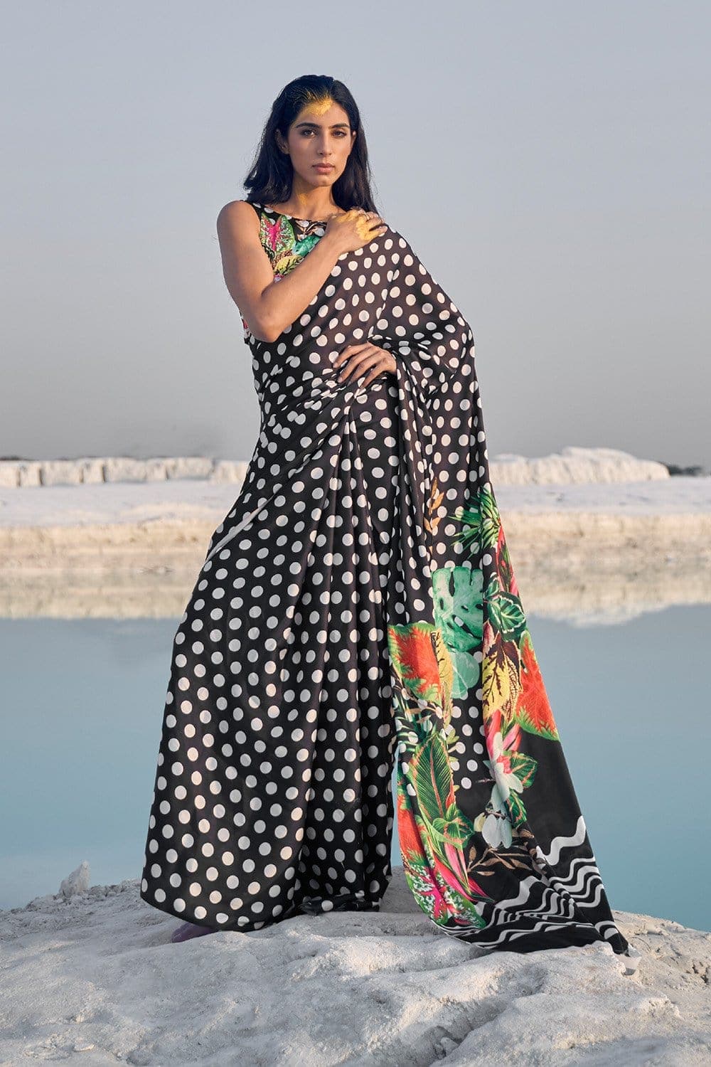 Satin Silk Saree Black And White Polka Dots Satin Silk Saree saree online