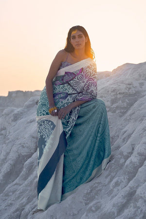 Bluish And Greyish Satin Print Saree