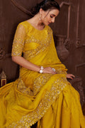 yellow satin silk saree