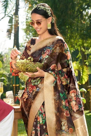 Coffee Brown Designer Satin Silk Saree