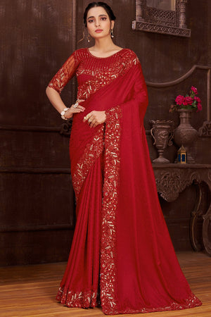 Crimson Red Satin Silk Saree