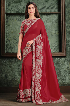 Deep Red Satin Silk Saree
