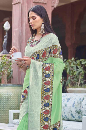 Designer Mint Green Digital Print And Embroidered Satin Silk Saree