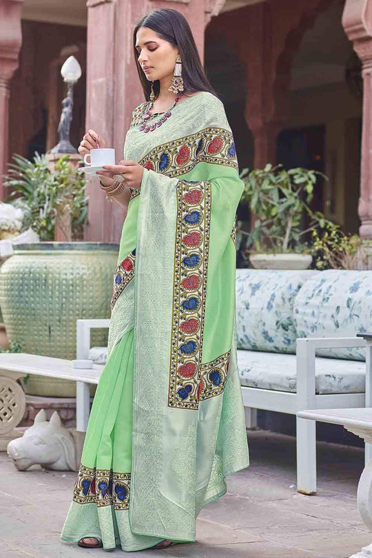 Satin Silk Saree Designer Mint Green Digital Print And Embroidered Satin Silk Saree saree online