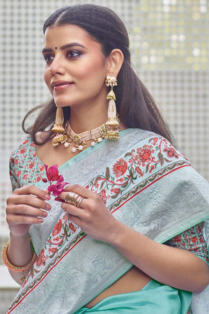 Designer Turquoise Blue Digital Print And Embroidered Satin Silk Saree
