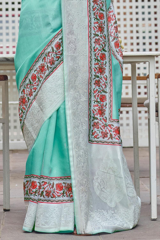 Satin Silk Saree Designer Turquoise Blue Digital Print And Embroidered Satin Silk Saree saree online