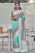 Satin Silk Saree Designer Turquoise Blue Digital Print And Embroidered Satin Silk Saree saree online