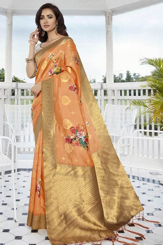 Digital Printed Ginger Orange Satin Silk Saree