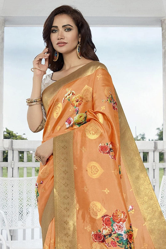 Digital Printed Ginger Orange Satin Silk Saree