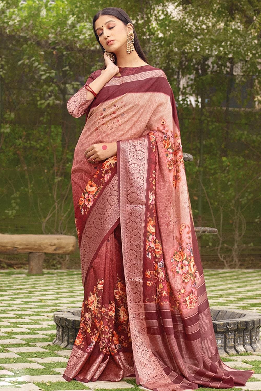 Buy Digital Printed Red And Peach Satin Silk Saree online-Karagiri