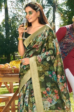 Fern Green Designer Satin Silk Saree