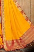 Fire Yellow Satin Silk Saree