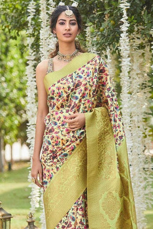 Floral Cream Designer Satin Silk Saree