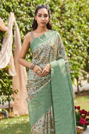 Glacial Green Designer Satin Silk Saree
