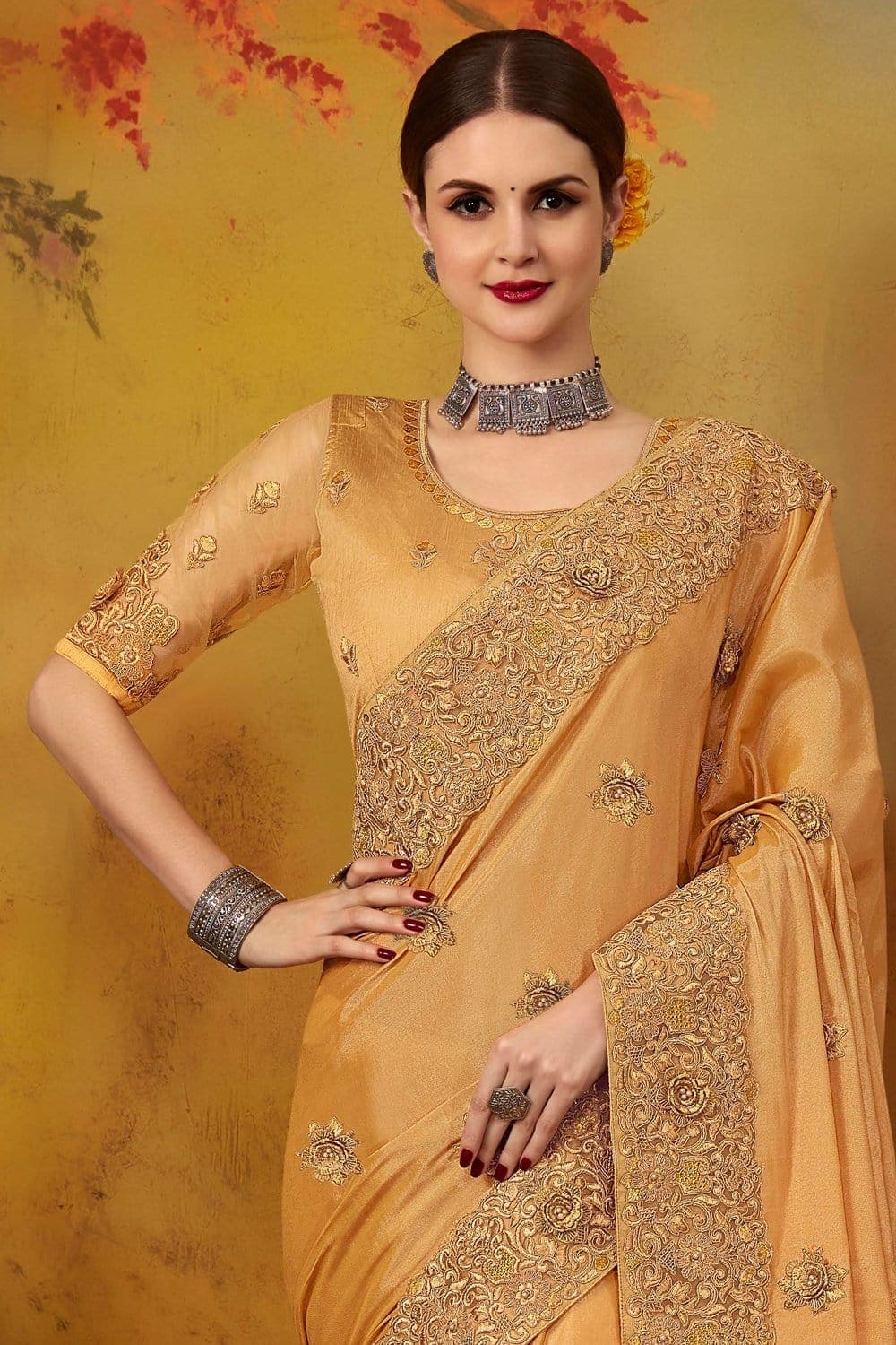 Satin Silk Saree Gold Embroidered Moti Work Satin Silk Saree saree online