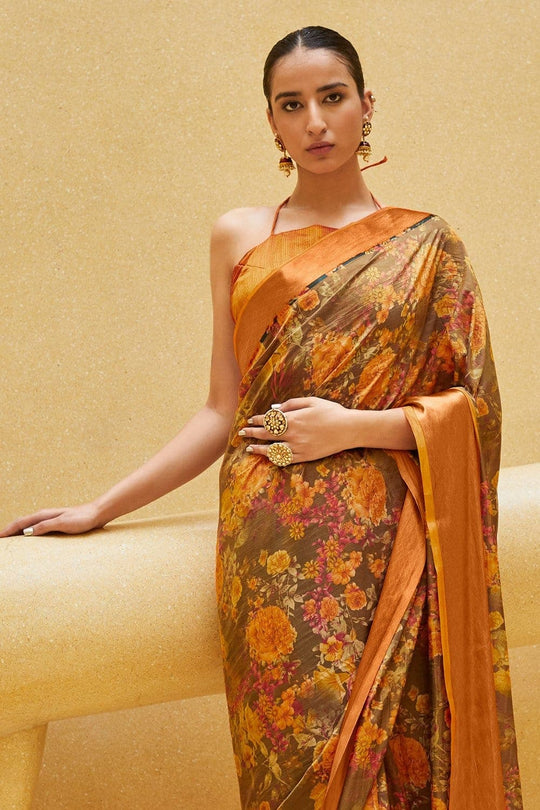 Satin Silk Saree Gorgeous Coffe Brown Floral Satin Silk Saree saree online