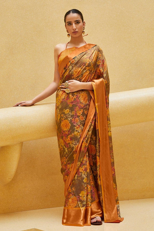 Satin Silk Saree Gorgeous Coffe Brown Floral Satin Silk Saree saree online