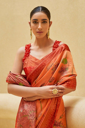 Gorgeous Coral Peach Floral Satin Silk Saree